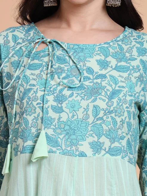 Fashion Plus Store Women's Green Cotton Dobby Printed Anarkali Kurta Set with Pant & Dupatta