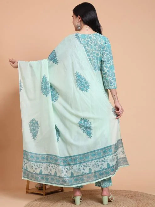 Fashion Plus Store Women's Green Cotton Dobby Printed Anarkali Kurta Set with Pant & Dupatta