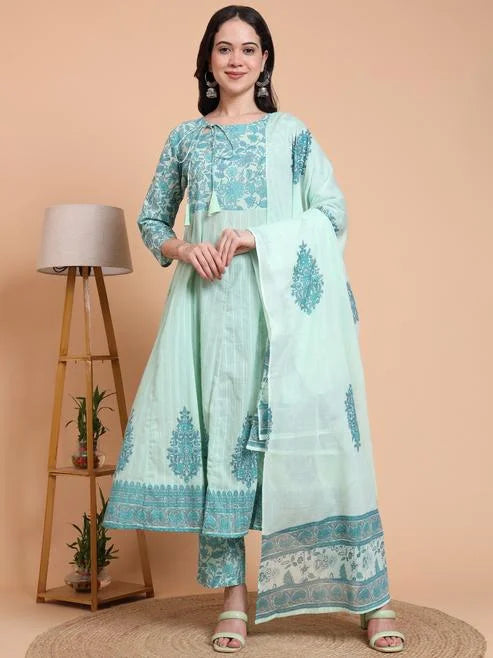 Fashion Plus Store Women's Green Cotton Dobby Printed Anarkali Kurta Set with Pant & Dupatta