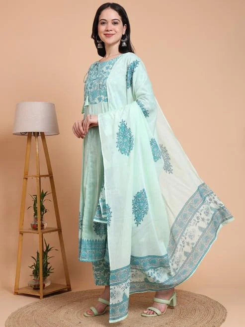 Fashion Plus Store Women's Green Cotton Dobby Printed Anarkali Kurta Set with Pant & Dupatta