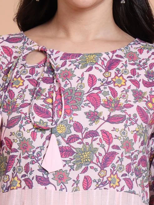 Fashion Plus Store Women's Pink Cotton Dobby Printed Anarkali Kurta Set with Pant & Dupatta