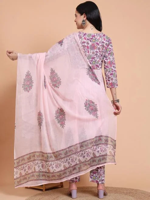 Fashion Plus Store Women's Pink Cotton Dobby Printed Anarkali Kurta Set with Pant & Dupatta