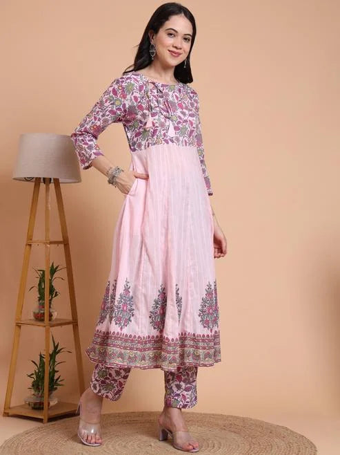 Fashion Plus Store Women's Pink Cotton Dobby Printed Anarkali Kurta Set with Pant & Dupatta