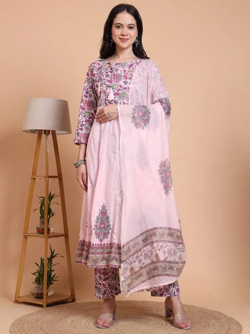 Fashion Plus Store Women's Pink Cotton Dobby Printed Anarkali Kurta Set with Pant & Dupatta