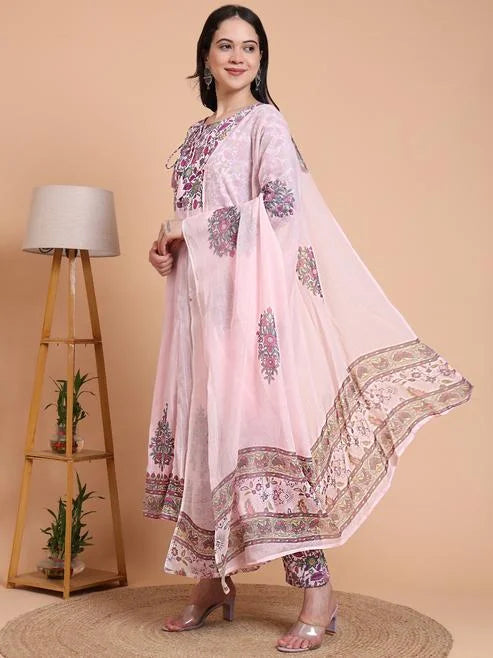 Fashion Plus Store Women's Pink Cotton Dobby Printed Anarkali Kurta Set with Pant & Dupatta