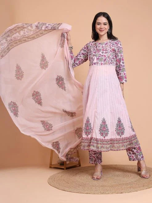 Fashion Plus Store Women's Pink Cotton Dobby Printed Anarkali Kurta Set with Pant & Dupatta