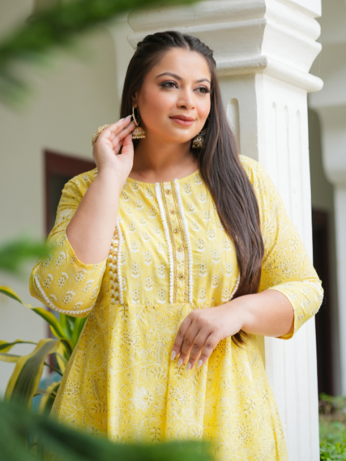 Cotton Floral Printed Embroidered Anarkali Kurta (Yellow)