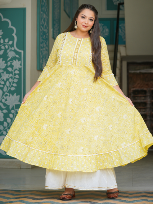 Cotton Floral Printed Embroidered Anarkali Kurta (Yellow)