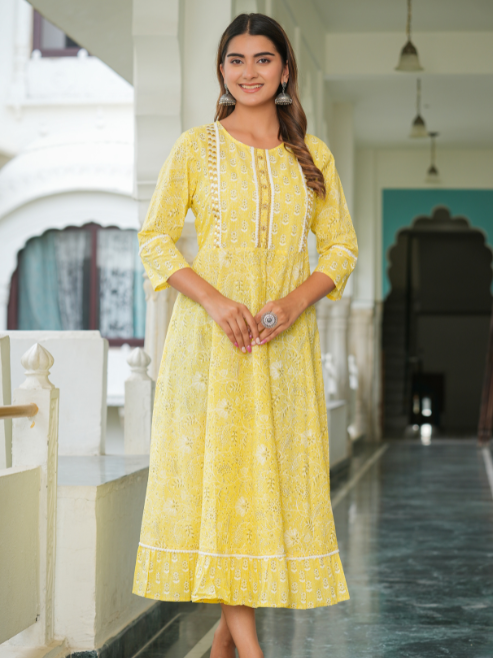 Cotton Floral Printed Embroidered Anarkali Kurta (Yellow)