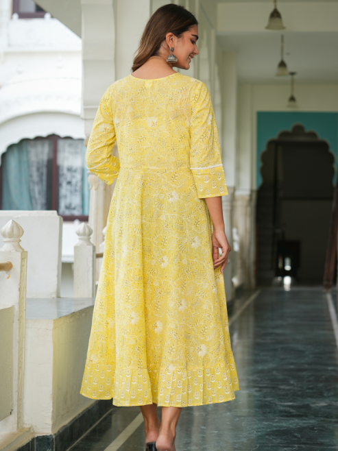 Cotton Floral Printed Embroidered Anarkali Kurta (Yellow)
