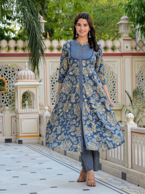 Fashion Plus Store Women's Floral Printed Anarkali Kurta with Zig-Zag Printed Pant & Dupatta (Blue)
