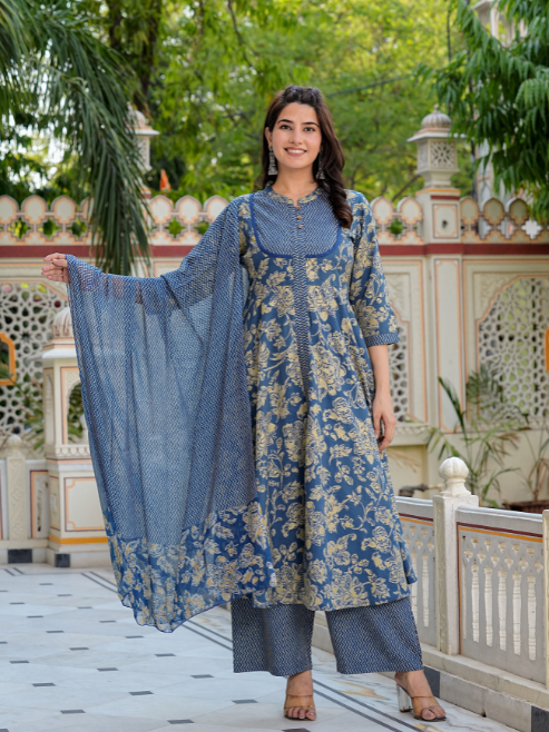 Fashion Plus Store Women's Floral Printed Anarkali Kurta with Zig-Zag Printed Pant & Dupatta (Blue)