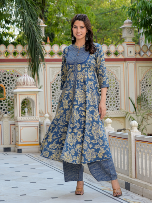 Fashion Plus Store Women's Floral Printed Anarkali Kurta with Zig-Zag Printed Pant & Dupatta (Blue)
