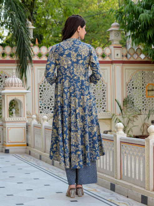 Fashion Plus Store Women's Floral Printed Anarkali Kurta with Zig-Zag Printed Pant & Dupatta (Blue)