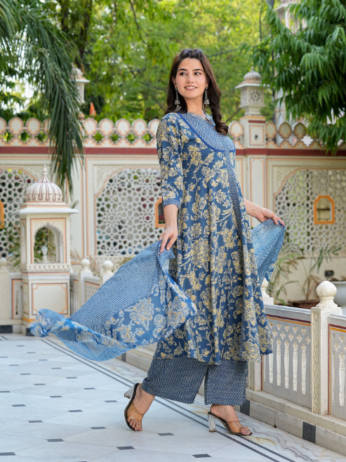 Fashion Plus Store Women's Floral Printed Anarkali Kurta with Zig-Zag Printed Pant & Dupatta (Blue)