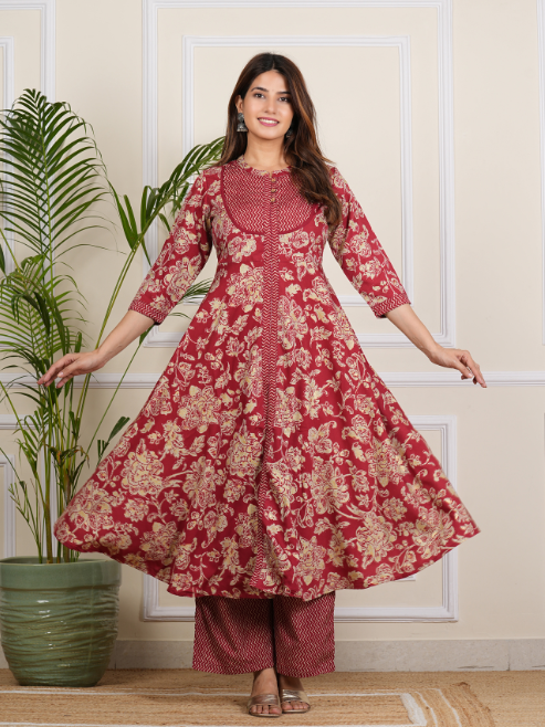 Fashion Plus Store Women's Floral Printed Anarkali Kurta with Zig-Zag Printed Pant & Dupatta (Maroon)