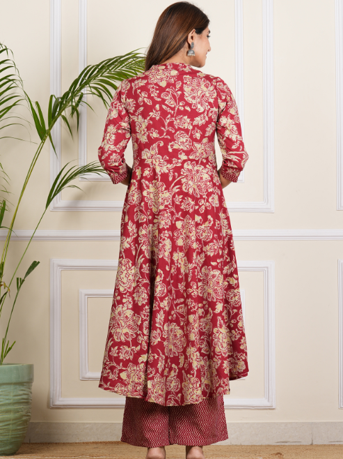 Fashion Plus Store Women's Floral Printed Anarkali Kurta with Zig-Zag Printed Pant & Dupatta (Maroon)