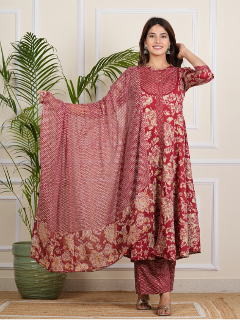 Fashion Plus Store Women's Floral Printed Anarkali Kurta with Zig-Zag Printed Pant & Dupatta (Maroon)