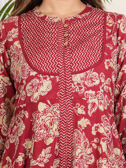 Fashion Plus Store Women's Floral Printed Anarkali Kurta with Zig-Zag Printed Pant & Dupatta (Maroon)