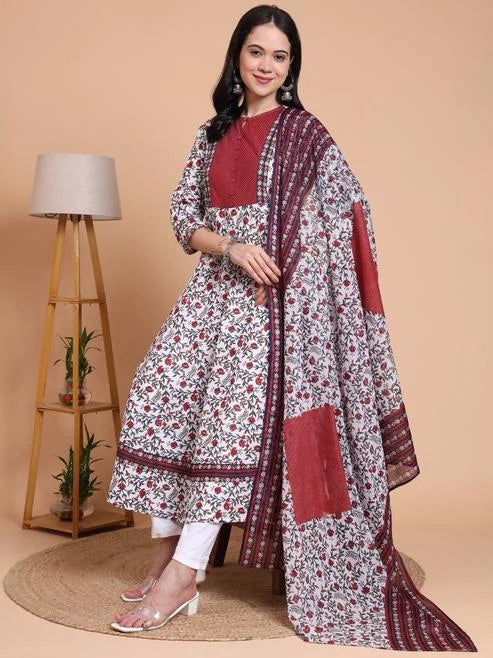 Fashion Plus Store Women's Cotton Floral Print With kantha Yoke Calf Length Round Neck 3/4TH Sleeve Anarkali Kurta And Duptta (White)