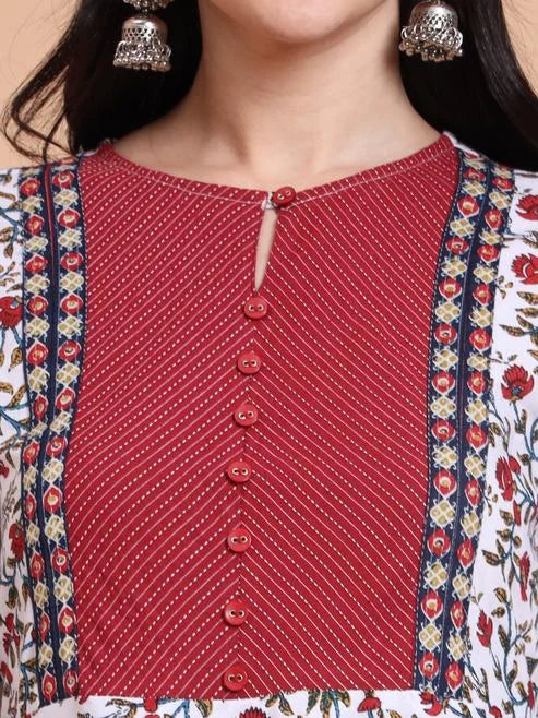 Fashion Plus Store Women's Cotton Floral Print With kantha Yoke Calf Length Round Neck 3/4TH Sleeve Anarkali Kurta And Duptta (White)