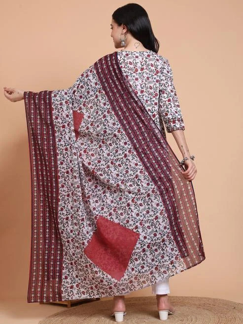 Fashion Plus Store Women's Cotton Floral Print With kantha Yoke Calf Length Round Neck 3/4TH Sleeve Anarkali Kurta And Duptta (White)