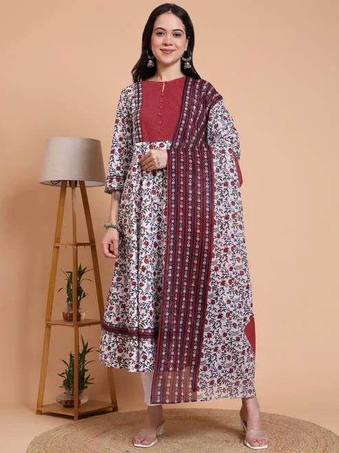 Fashion Plus Store Women's Cotton Floral Print With kantha Yoke Calf Length Round Neck 3/4TH Sleeve Anarkali Kurta And Duptta (White)