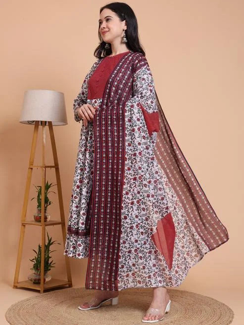 Fashion Plus Store Women's Cotton Floral Print With kantha Yoke Calf Length Round Neck 3/4TH Sleeve Anarkali Kurta And Duptta (White)