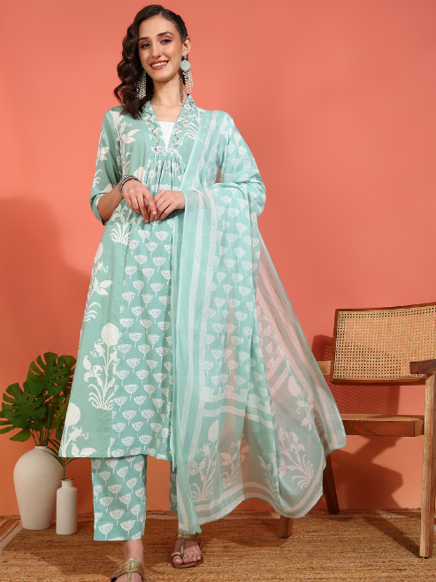 Cotton Floral Print with Neck Handwork Calf Length V- Neck 3/4TH Sleeve Anarkali Kurta and Duptta