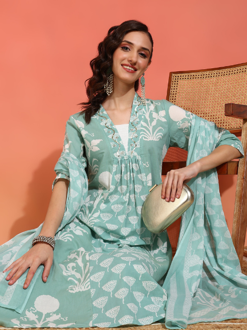 Cotton Floral Print with Neck Handwork Calf Length V- Neck 3/4TH Sleeve Anarkali Kurta and Duptta