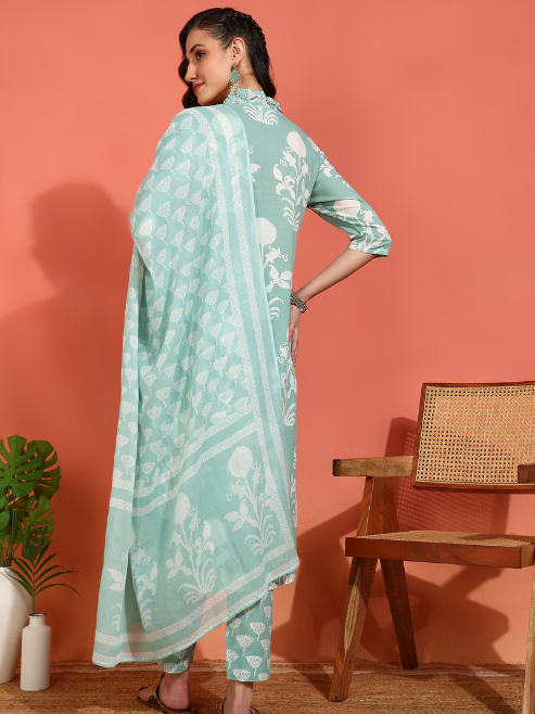 Cotton Floral Print with Neck Handwork Calf Length V- Neck 3/4TH Sleeve Anarkali Kurta and Duptta