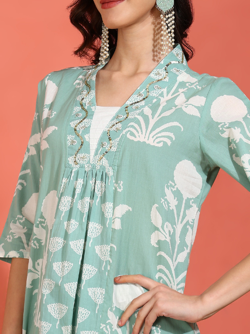 Cotton Floral Print with Neck Handwork Calf Length V- Neck 3/4TH Sleeve Anarkali Kurta and Duptta