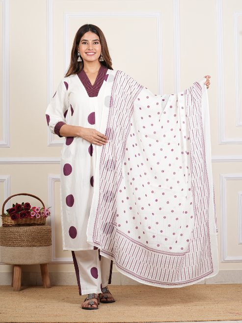 White Cotton Cambric Polka Dot Print Calf Length V- Neck With Kantha Work Detaliing 3/4 Sleeves Straight Kurta With Pant And Duptta