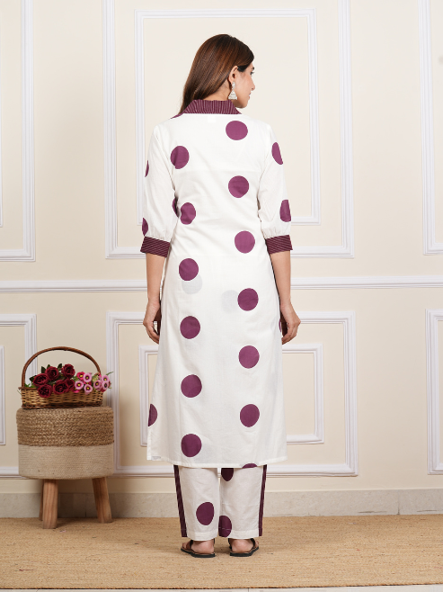 White Cotton Cambric Polka Dot Print Calf Length V- Neck With Kantha Work Detaliing 3/4 Sleeves Straight Kurta With Pant And Duptta