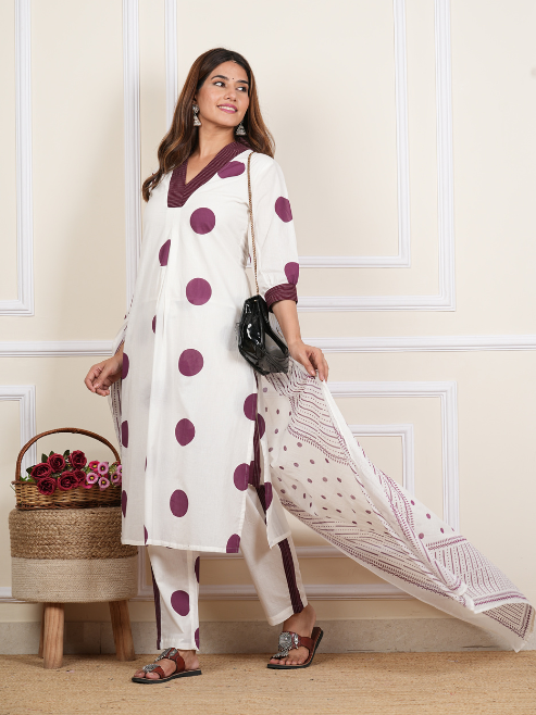 White Cotton Cambric Polka Dot Print Calf Length V- Neck With Kantha Work Detaliing 3/4 Sleeves Straight Kurta With Pant And Duptta