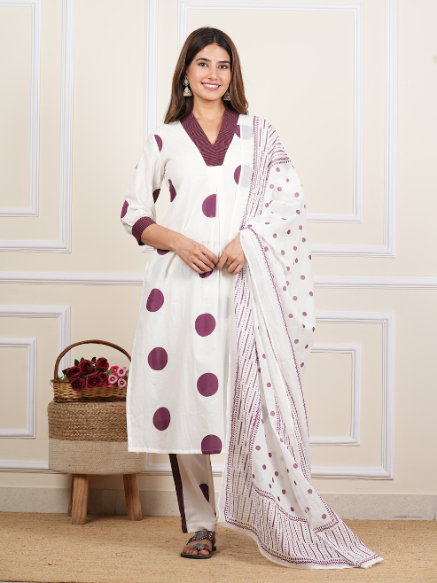 White Cotton Cambric Polka Dot Print Calf Length V- Neck With Kantha Work Detaliing 3/4 Sleeves Straight Kurta With Pant And Duptta