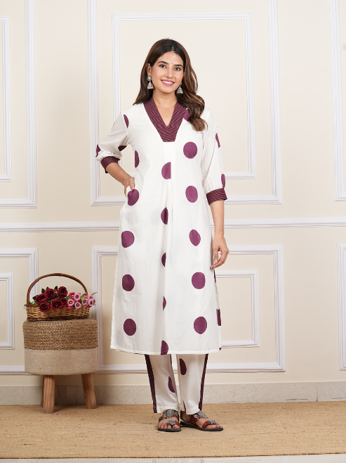 White Cotton Cambric Polka Dot Print Calf Length V- Neck With Kantha Work Detaliing 3/4 Sleeves Straight Kurta With Pant And Duptta