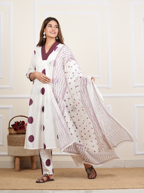 White Cotton Cambric Polka Dot Print Calf Length V- Neck With Kantha Work Detaliing 3/4 Sleeves Straight Kurta With Pant And Duptta