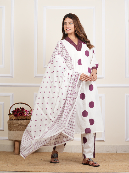 White Cotton Cambric Polka Dot Print Calf Length V- Neck With Kantha Work Detaliing 3/4 Sleeves Straight Kurta With Pant And Duptta