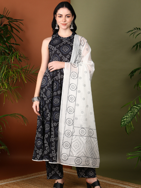 Fashion Plus Store Women's Black Cotton Bandhani Print Calf Length Halter Neck Sleeveless A-Line Kurta With Pant And Duptta (Black)