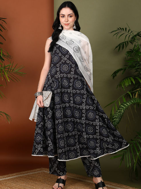 Fashion Plus Store Women's Black Cotton Bandhani Print Calf Length Halter Neck Sleeveless A-Line Kurta With Pant And Duptta (Black)