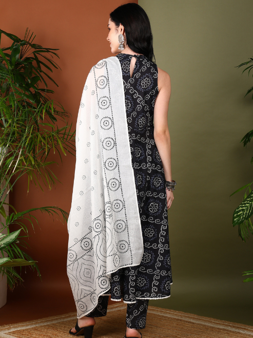 Fashion Plus Store Women's Black Cotton Bandhani Print Calf Length Halter Neck Sleeveless A-Line Kurta With Pant And Duptta (Black)