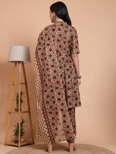 Fashion Plus Store Women’s Cambric Cotton Floral Print Short Kurta Pant With Dupatta Set (Green)