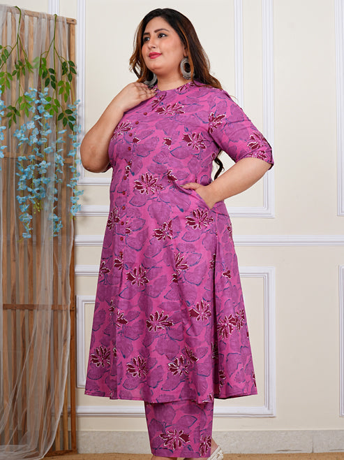 Fashion Plus Store Women's Cotton Floral Print Knee Length Half Sleeve A-line Kurta With Pant