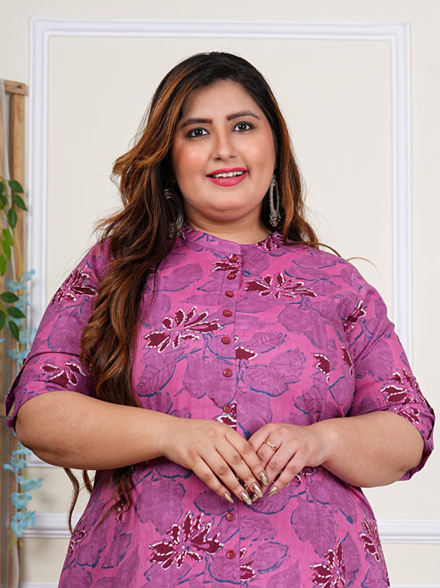 Fashion Plus Store Women's Cotton Floral Print Knee Length Half Sleeve A-line Kurta With Pant