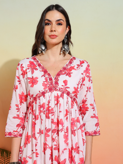 Cotton Floral Printed 3/4th Sleeve V-neck Embroidered Work Anarkali Kurta With Dupatta
