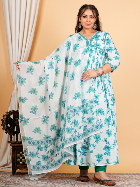 Cotton Floral Printed 3/4th Sleeve V-neck Embroidered Work Anarkali Kurta With Dupatta