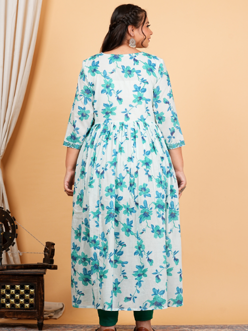 Cotton Floral Printed 3/4th Sleeve V-neck Embroidered Work Anarkali Kurta With Dupatta