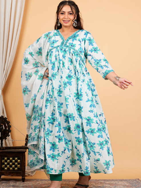 Cotton Floral Printed 3/4th Sleeve V-neck Embroidered Work Anarkali Kurta With Dupatta