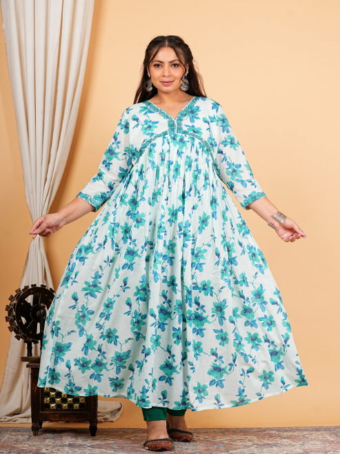 Cotton Floral Printed 3/4th Sleeve V-neck Embroidered Work Anarkali Kurta With Dupatta